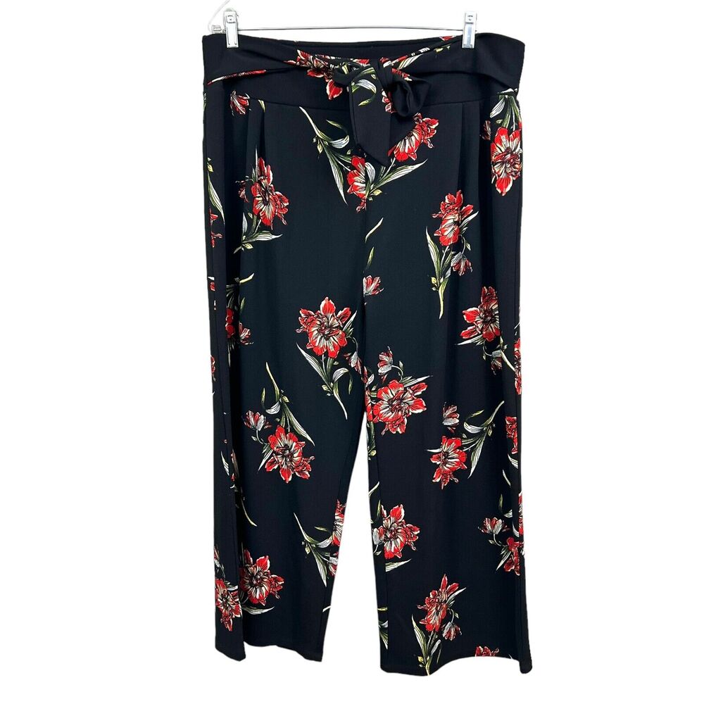 Massini Womens Pants Floral Stretch Tie Waist High Rise Pleated Black Size 1X*